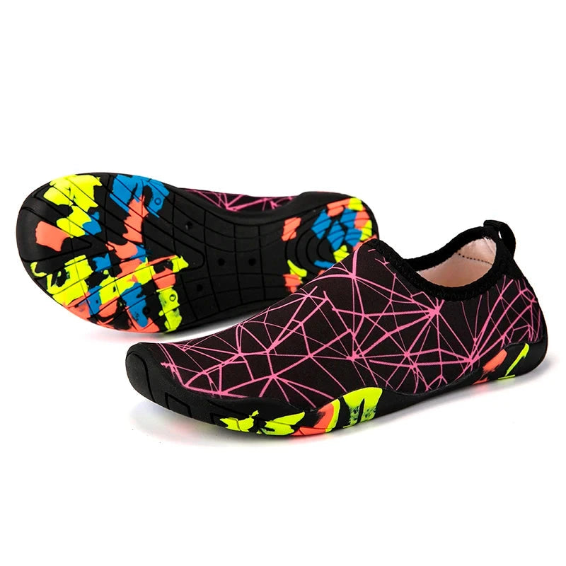 Colorful unisex beach aqua shoes featuring a slip-on design, quick-drying material, and lightweight non-slip outsole for outdoor activities.