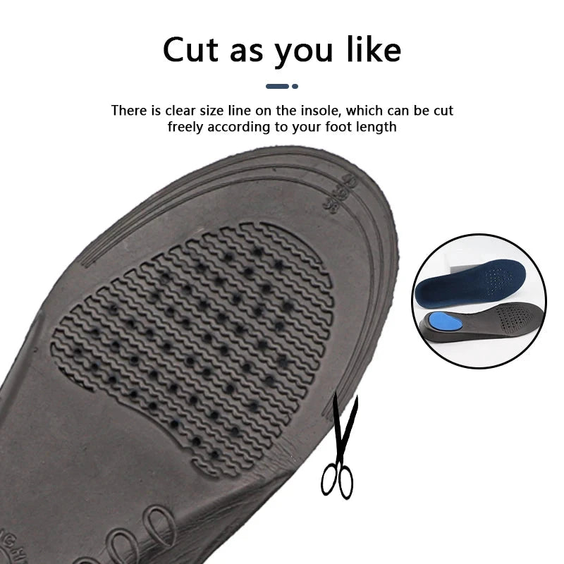 Orthotic shoe insoles providing arch support and comfort, shown with a foot demonstrating proper placement
