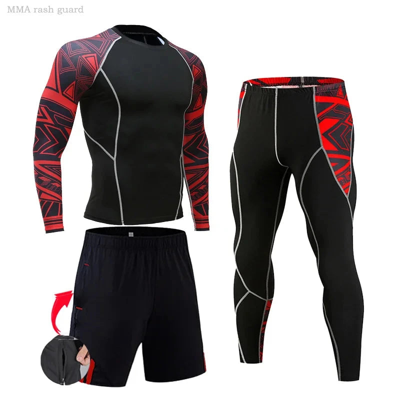 Red and black men's compression gym set with geometric sleeves, includes long-sleeve top, tights, and shorts for training.