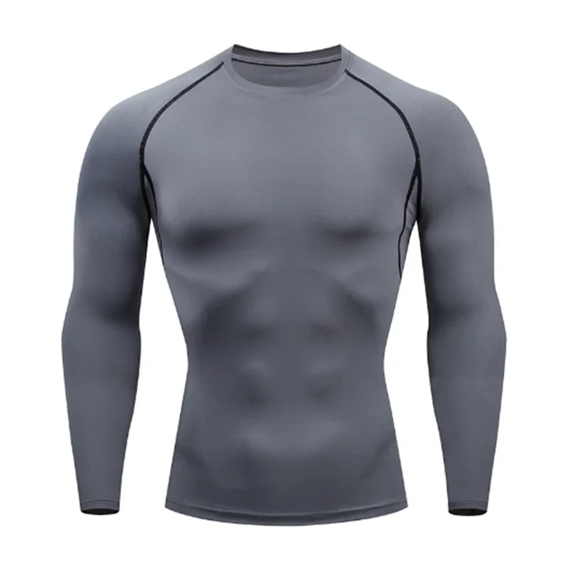 Gray long-sleeve compression shirt from Men's Sports Suit Running fitne male Quick drying Sportswear Compression Clothing Fitness Training kit.