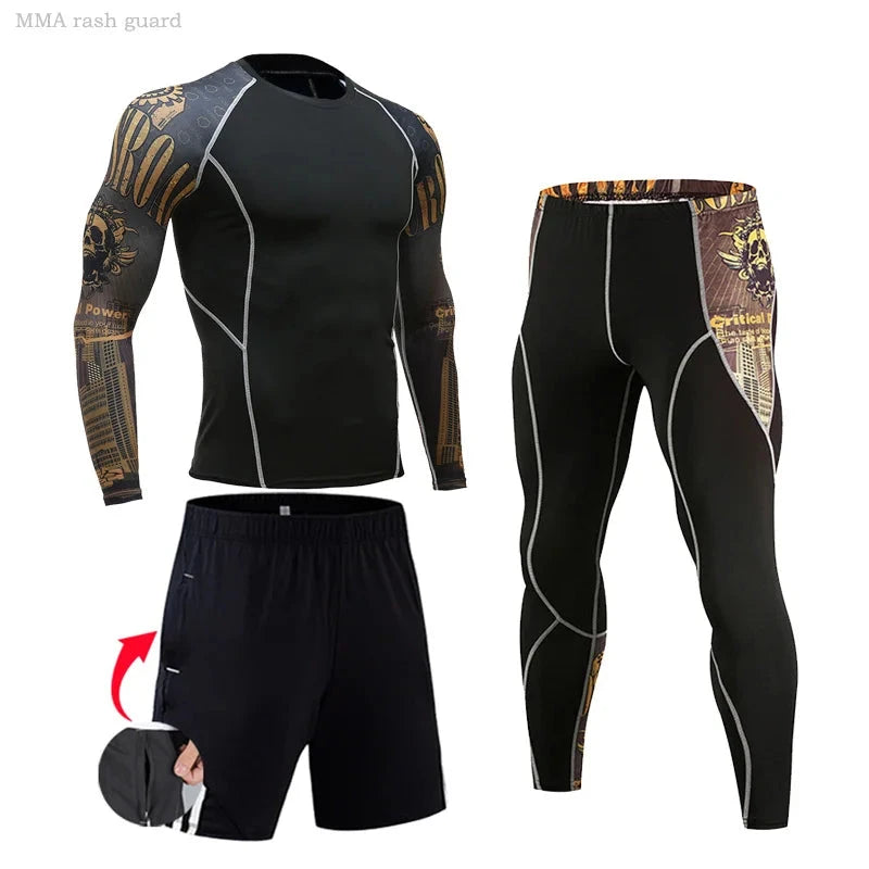 Black and gold men's compression suit with skull sleeve design, includes long-sleeve top and tights for MMA or fitness.