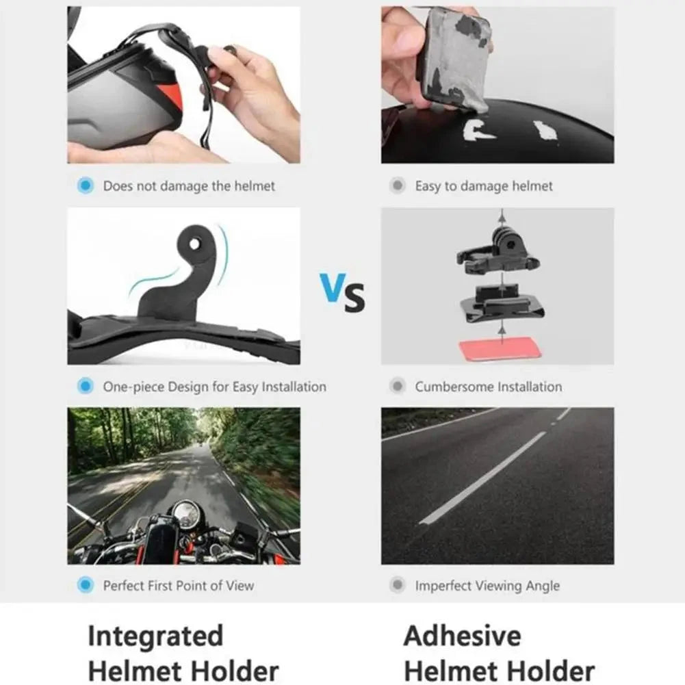 Comparison of integrated vs adhesive helmet holders showing installation ease and viewing angle benefits.