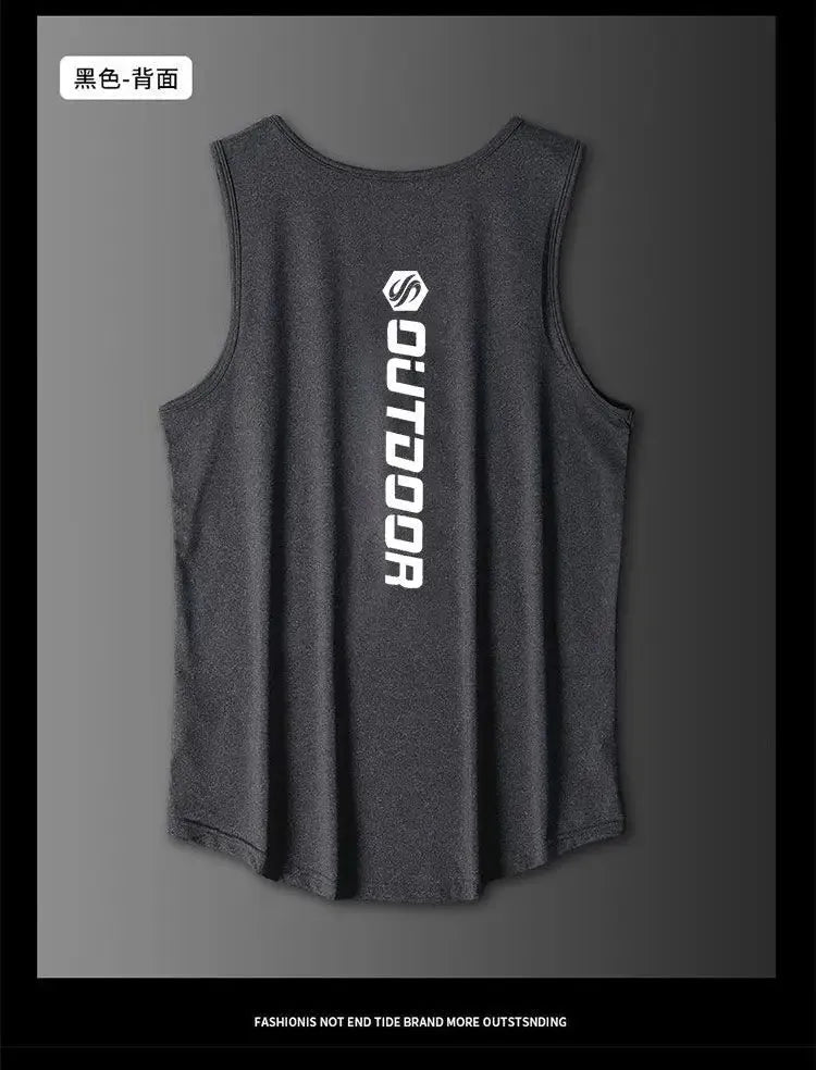 Back view of black vest from men's summer sport suit set featuring vertical 'OUTDOOR' print, made for breathable athletic wear.