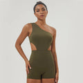 Olive green one-shoulder padded jumpsuit for women, ideal for yoga and gym wear with breathable and elastic material.