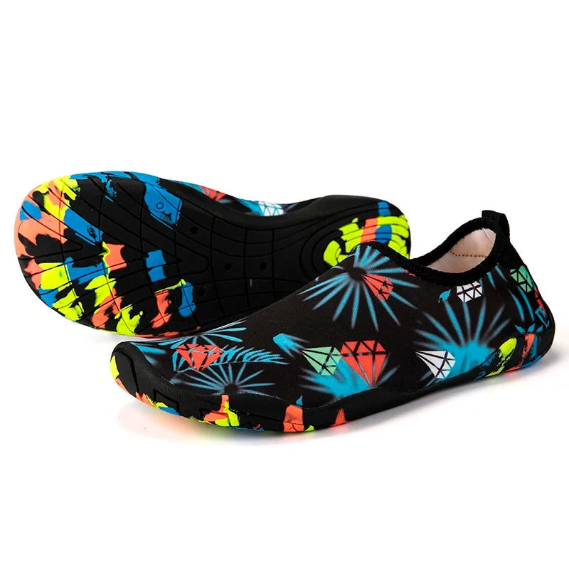 Unisex aqua shoes with colorful diamond print, perfect for beach, gym, and outdoor activities, lightweight and quick-drying.