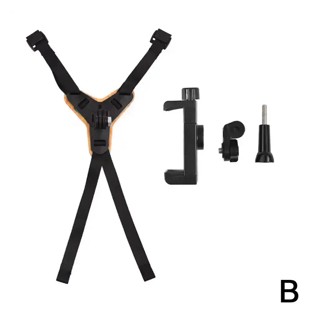 Helmet chin mount kit B in orange with phone holder and mounting screws for motorcycle riding.