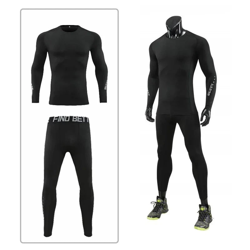 Black Men Bodybuilding Sportswear Clothes Fitness Suit with compression tights and long-sleeve top, ideal for running and gym training.