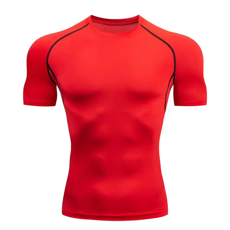 Red athletic shirt with black accents on a white background