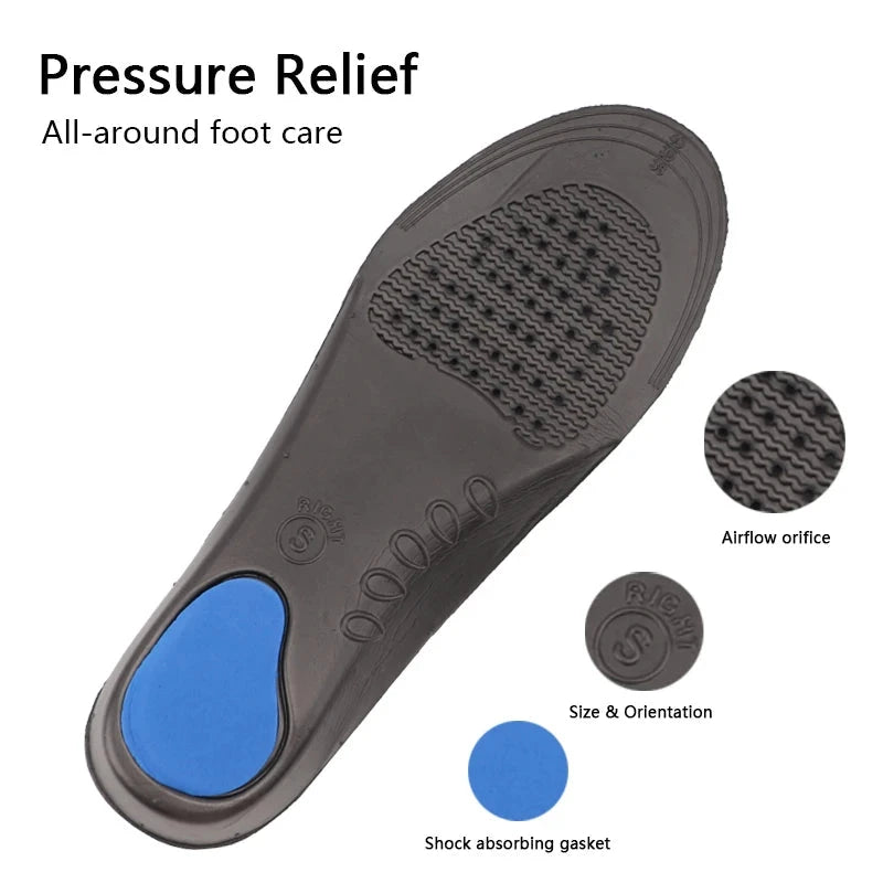 Orthotic shoe insoles providing arch support and comfort, shown with a foot demonstrating proper placement