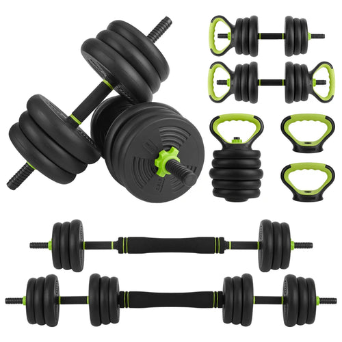 Set of adjustable dumbbells and hand weights on a white background
