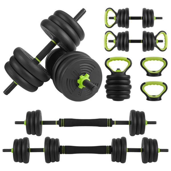 Set of adjustable dumbbells and hand weights on a white background
