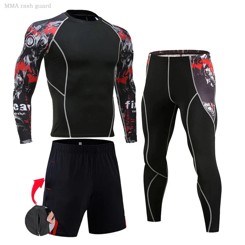 Men's compression suit with red skull graphic sleeves, includes long-sleeve top, tights, and shorts for gym or MMA training.