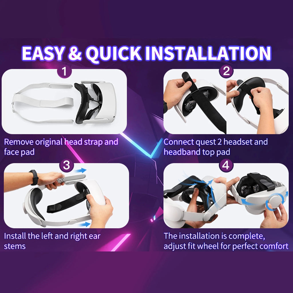 Step-by-step guide for easy and quick installation of the Quest 2 head strap with top pad and adjustable fit wheel.