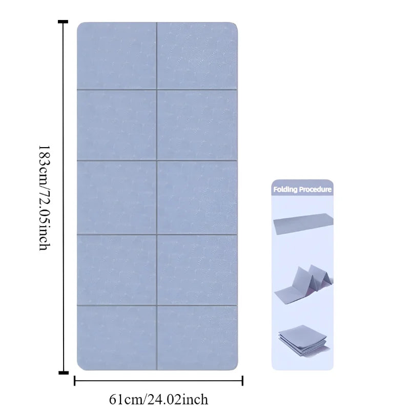Blue foam mat with dimensions and folding instructions on a white background