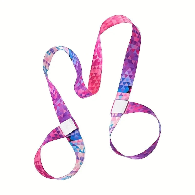 Pink and purple geometric adjustable yoga mat strap with dual loops for secure mat carrying. Lightweight and multifunctional for yoga and fitness use.