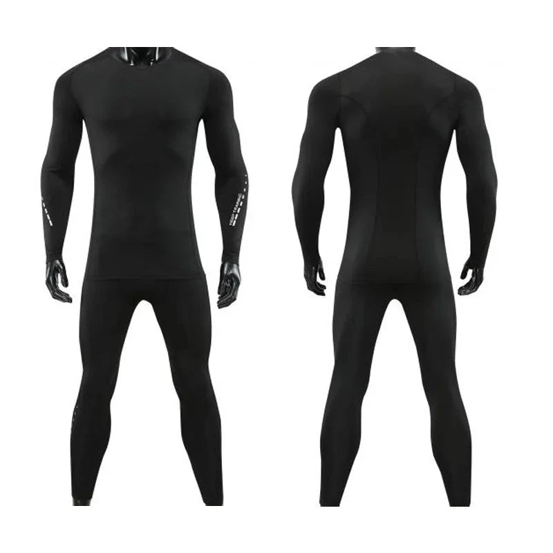 Back and front views of black Men Bodybuilding Sportswear Clothes Fitness Suit with long-sleeve top and compression pants.