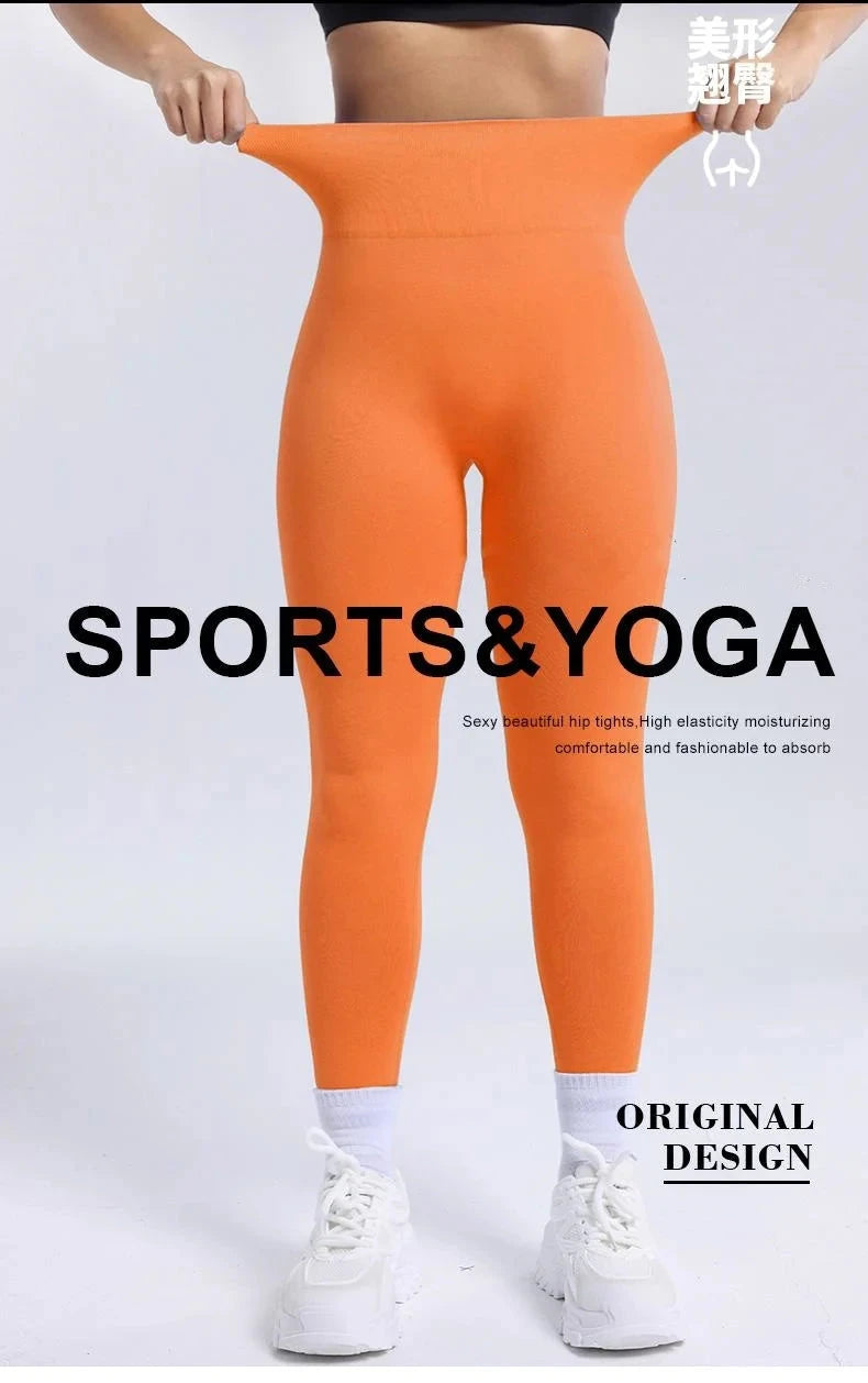 Women Fitness Solid Color Seamless Leggings High Waist Push in orange, featuring original design for sports and yoga with tummy control.