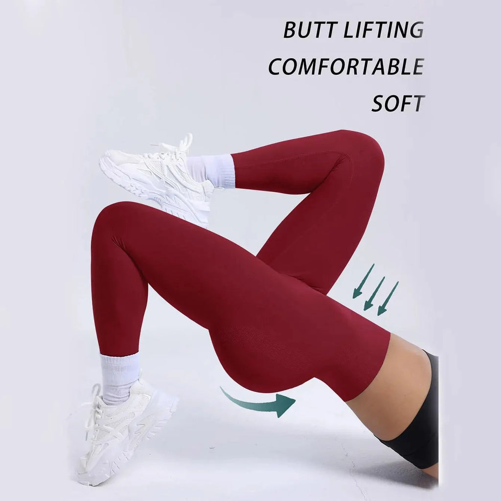 Red seamless leggings for women with high waist and push-up design, offering comfort and support for running, yoga, and fitness training.